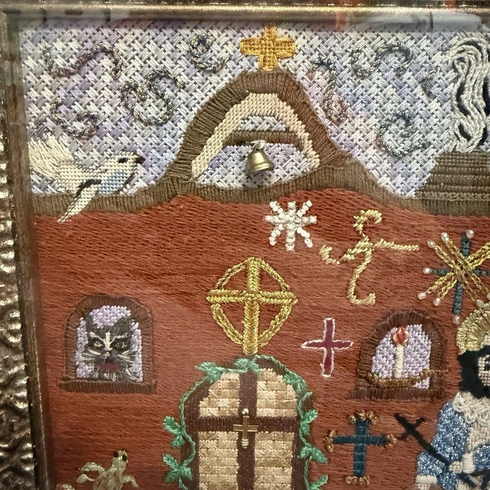 VTG Crewel Religious Needlepoint Priest‎ Saint Cats Dogs Wall Art 17"x16" Church - Picture 5 of 13